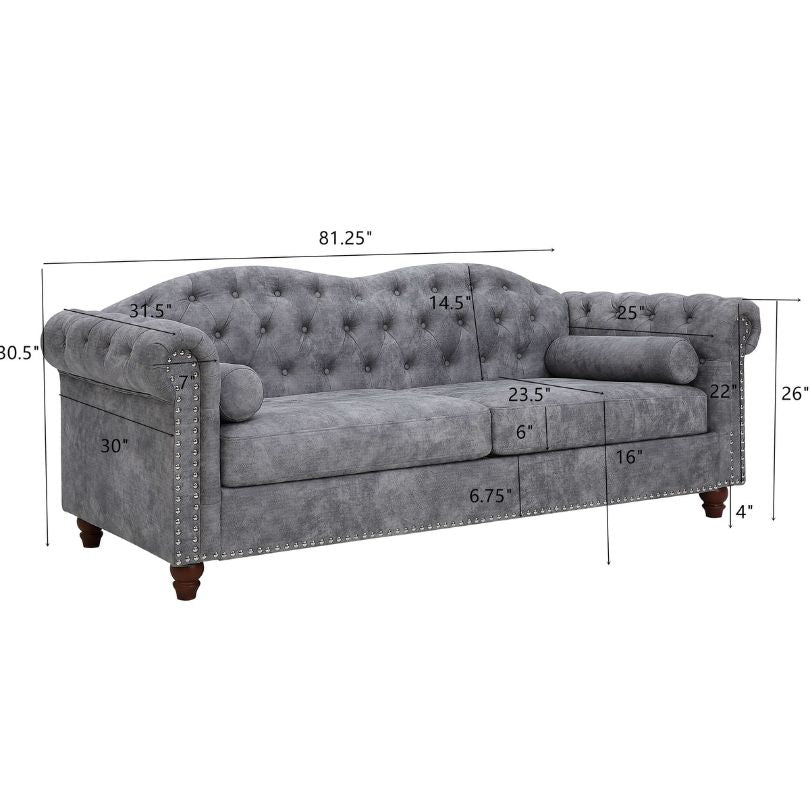 A dimension Image of our Chesterfield Grey 3-seater Button Tufted Sofa with Nailhead-trim Rolled Arms