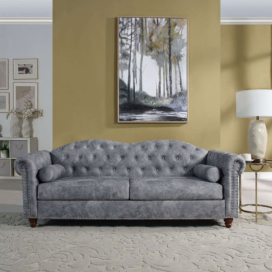 Chesterfield Grey 3-seater Button Tufted Sofa with Nailhead-trim Rolled Arms