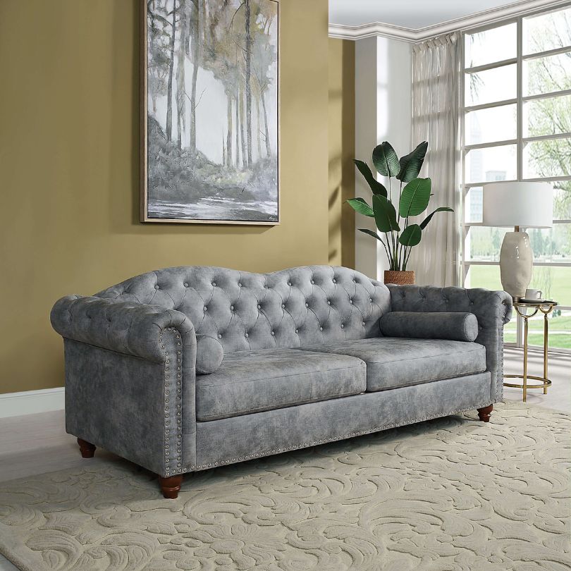 Chesterfield Grey 3-seater Button Tufted Sofa with Nailhead-trim Rolled Arms