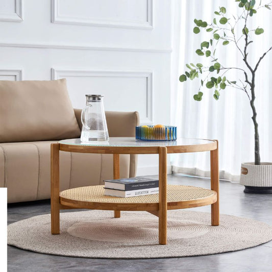 Circular Glass Rattan Double-Layer Coffee Table