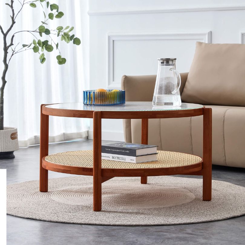 Circular Teak Glass Rattan Double-Layer Coffee Table