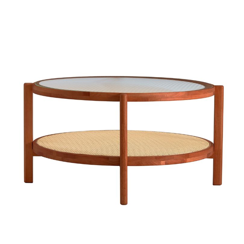 Circular Teak Glass Rattan Double-Layer Coffee Table in a white background