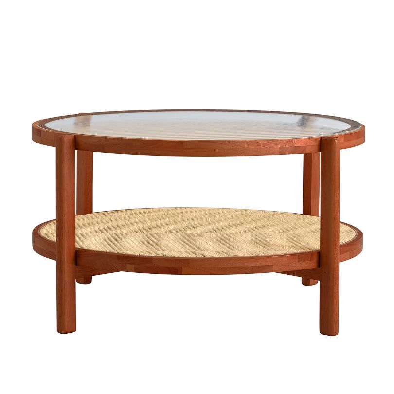 Circular Teak Glass Rattan Double-Layer Coffee Table a clearer view