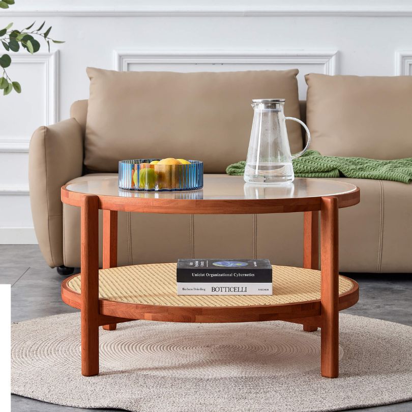 Circular Teak Glass Rattan Double-Layer Coffee Table