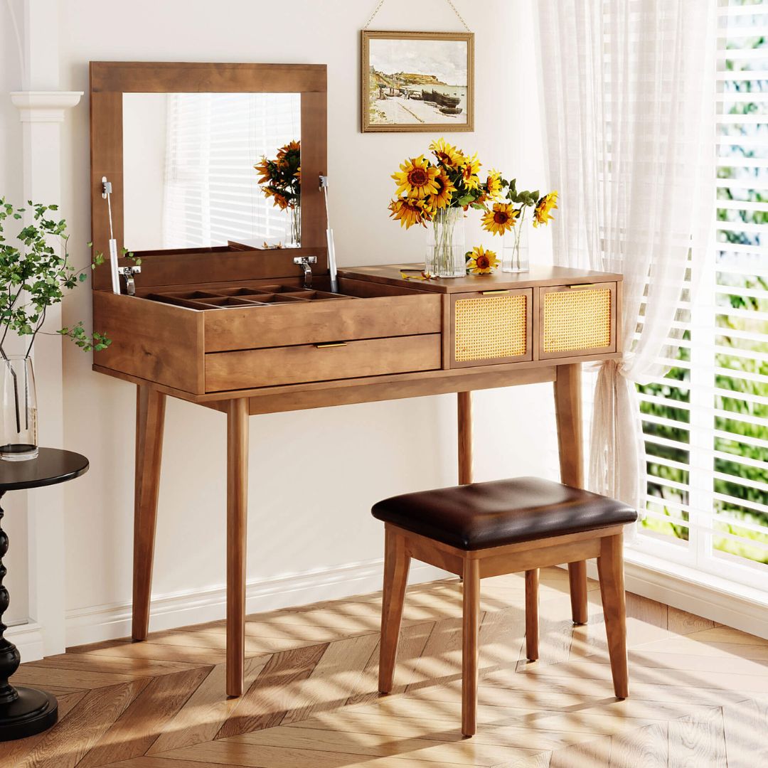 Classic Makeup Vanity with Flip-top Mirror and Stool