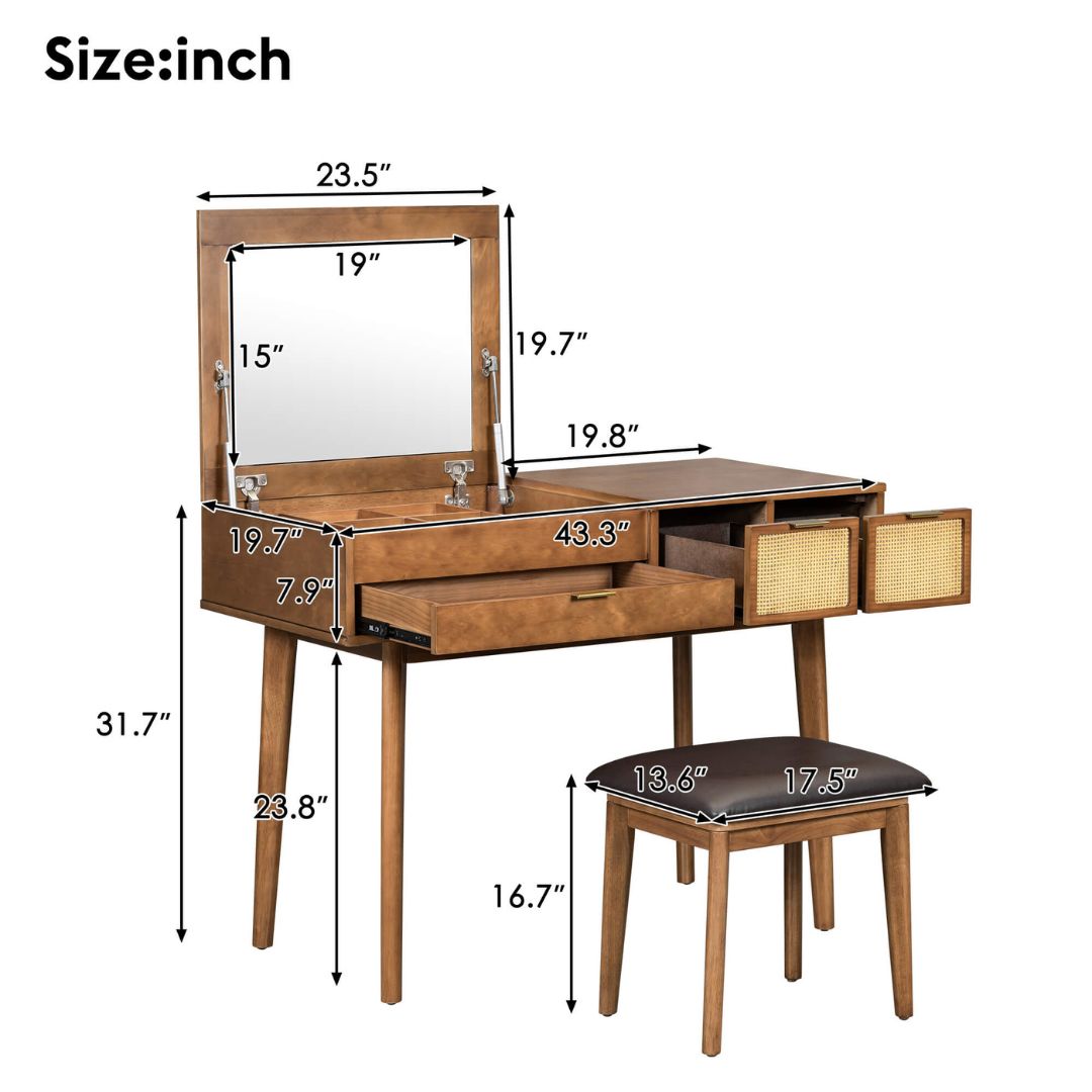 Classic Makeup Vanity with Flip-top Mirror and Stool