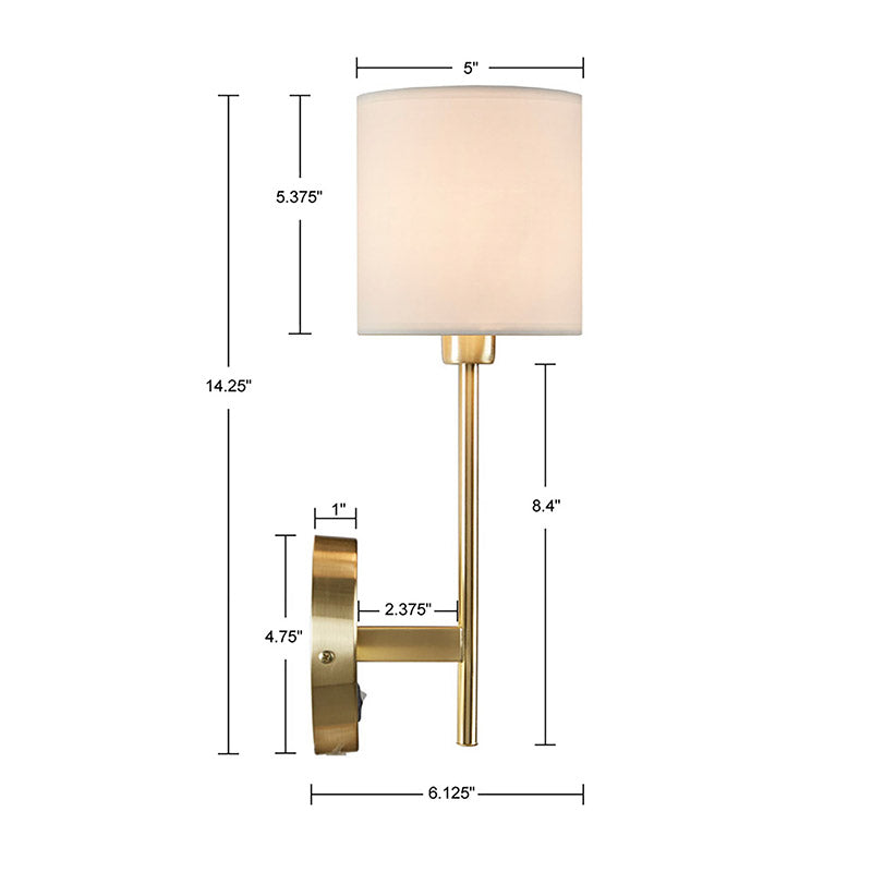 A dimension Image of the Classic Gold Metal 2-Set Wall Sconce with Cylinder Shade