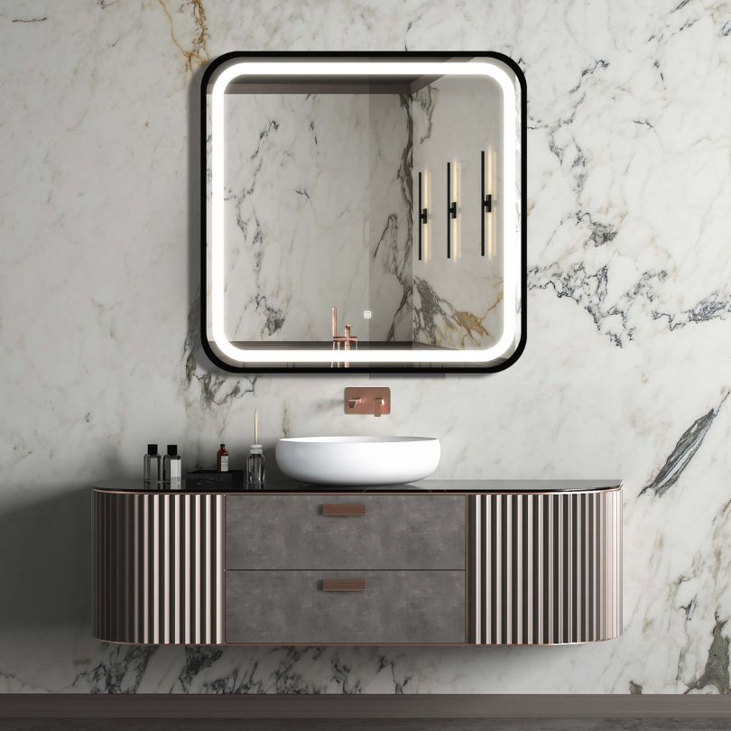 Compact Bathroom LED Lighted Mirror with Black Frame and Anti-Fog