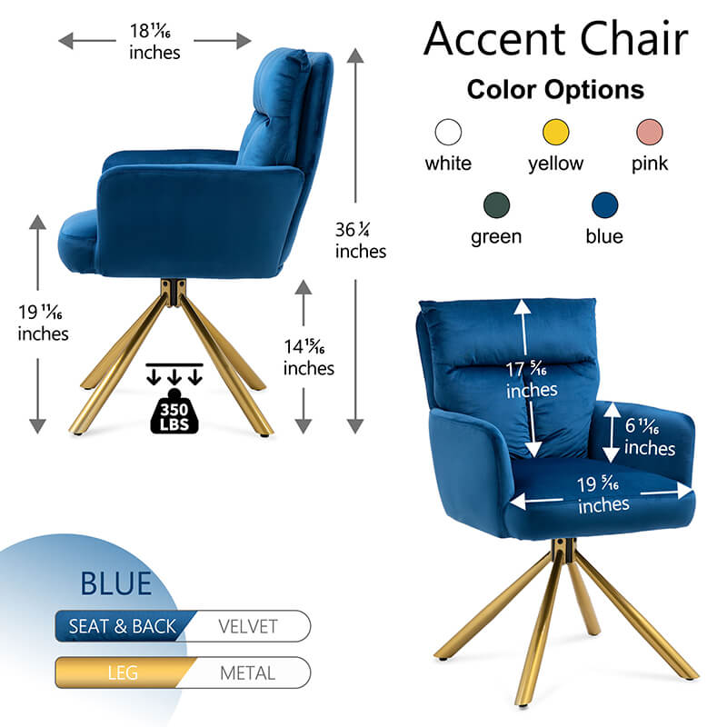 Color Options and Dimension Image of our Contemporary Dark Blue Velvet High-Back Upholstered Swivel Accent Chair - 22" x 27.36"