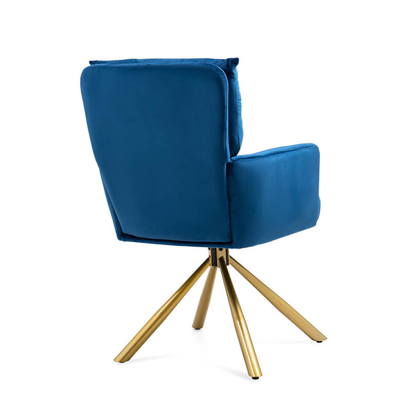 Back view of the blue chair with gold base 