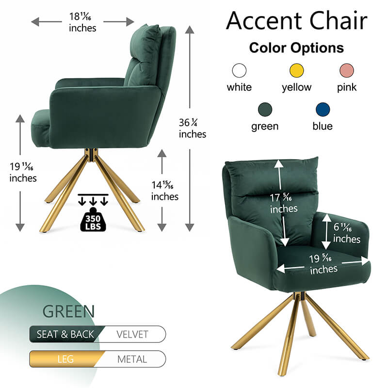 Color Options and Dimension Image of our Contemporary Green Velvet High-Back Upholstered Swivel Accent Chair - 22" x 27.36"