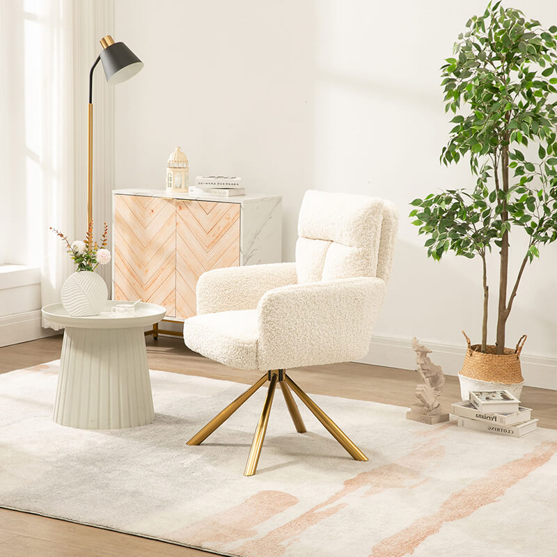 Contemporary Off-white High-Back Upholstered Swivel Accent Chair with Gold Legs