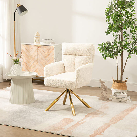 Contemporary Off-white High-Back Upholstered Swivel Accent Chair with Gold Legs