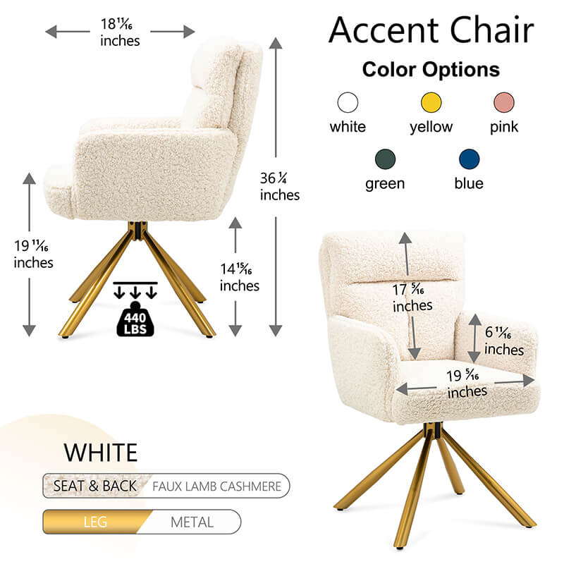 Color Options and  A dimension Image of our Contemporary Off-white High-Back Upholstered Swivel Accent Chair with Gold Legs