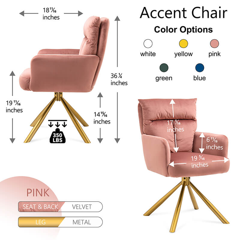 Color Options and Dimension Image of our Contemporary Pink Velvet High-Back Upholstered Swivel Accent Chair - 22" x 27.36"