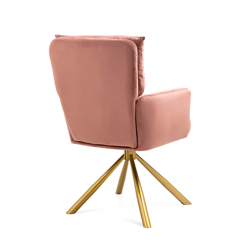 Back view of the pink material chair with gold base 