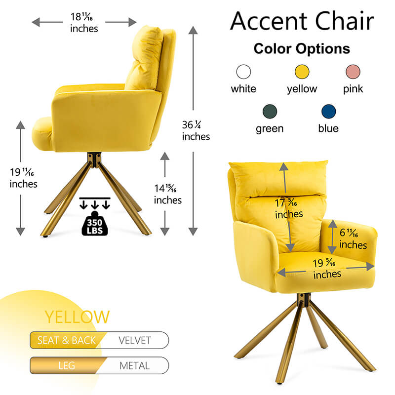 Color Options and Dimension Image of our Contemporary Yellow Velvet High-Back Upholstered Swivel Accent Chair - 22" x 27.36"