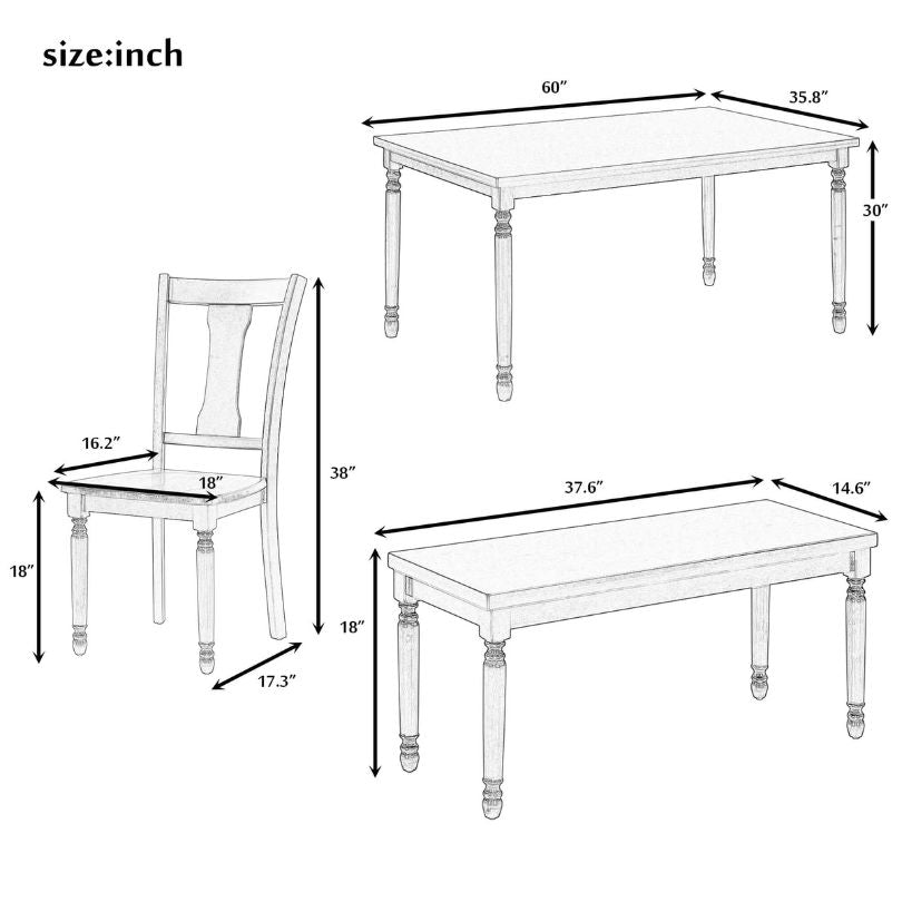 A dimension Image of our Espresso Classic 6-piece Dining Table set with 4 Chairs and Bench