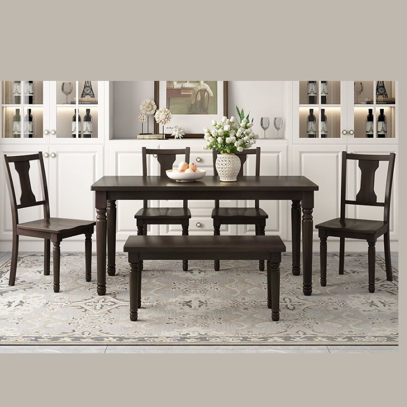 Espresso Classic 6-piece Dining Table set with 4 Chairs and Bench