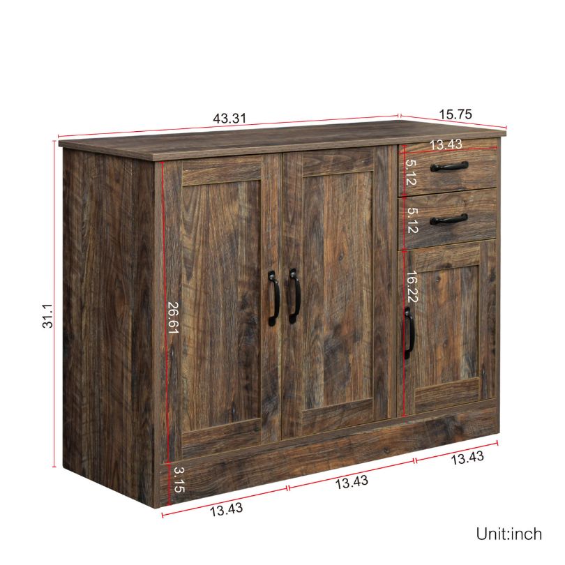 A dimension image of our Espresso Entryway Buffet Sideboard with 3 Doors and 2 Drawers