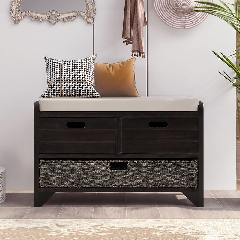 32" Espresso Entryway Storage Bench with Removable Basket and 2 Drawers