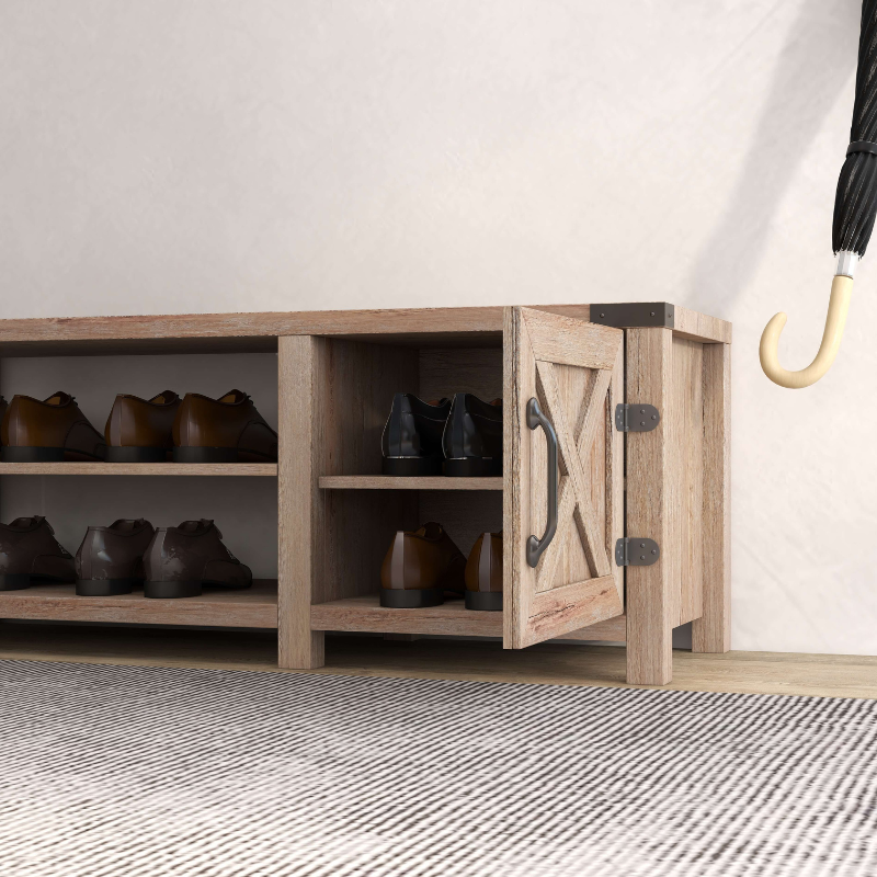 Farmhouse Entryway Natural Shoe Rack with Bench