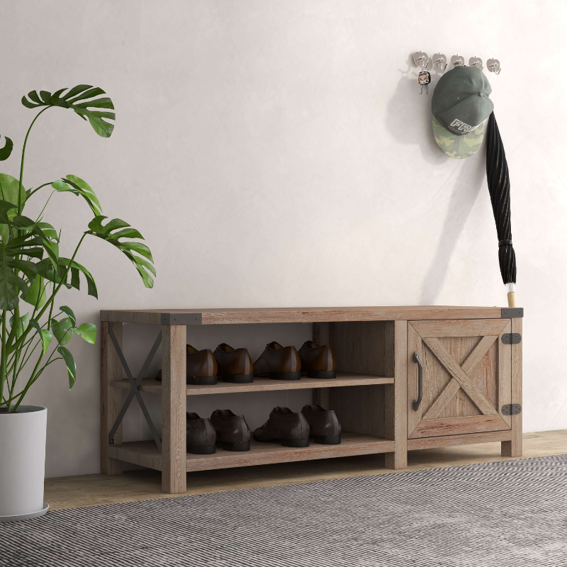 Farmhouse Entryway Natural Shoe Rack with Bench