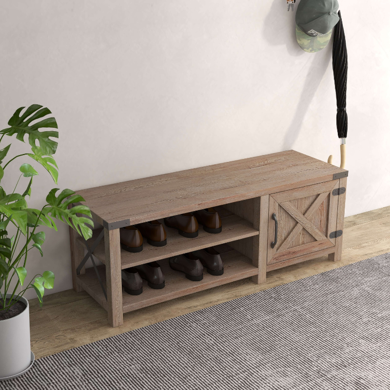 Farmhouse Entryway Natural Shoe Rack with Bench