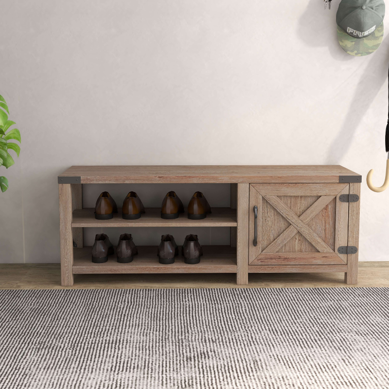 Farmhouse Entryway Natural Shoe Rack with Bench