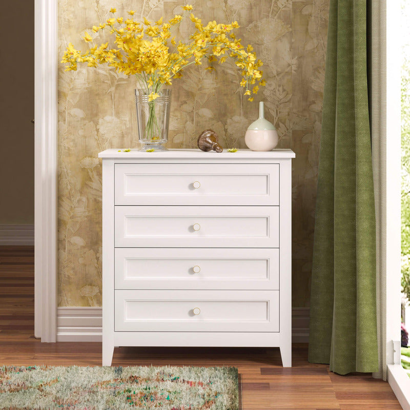 Farmhouse White Solid Wood 4 Drawers Dresser Storage Cabinet