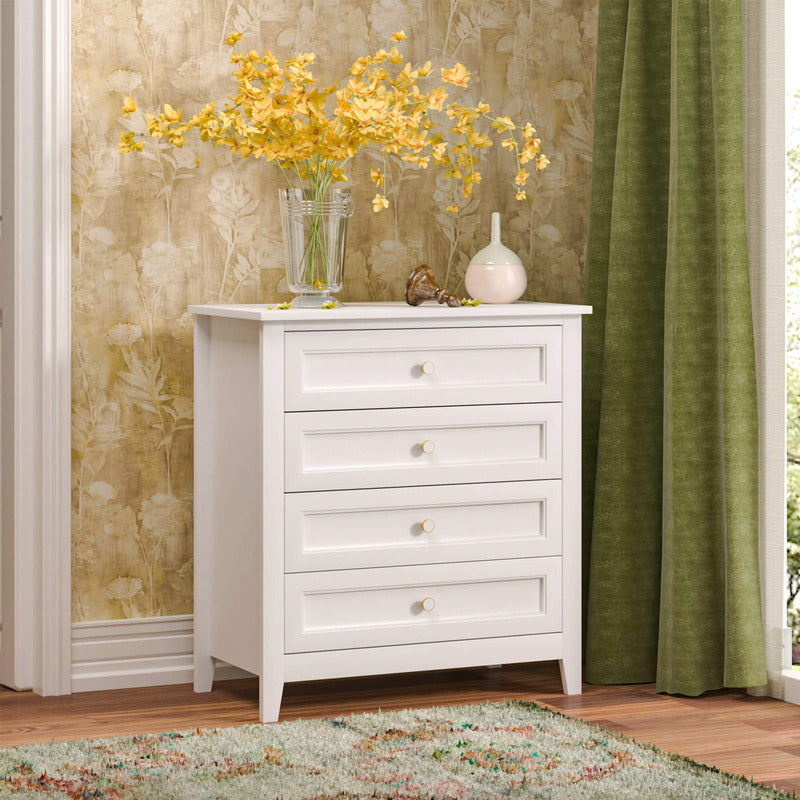 Farmhouse White Solid Wood 4 Drawers Dresser Storage Cabinet