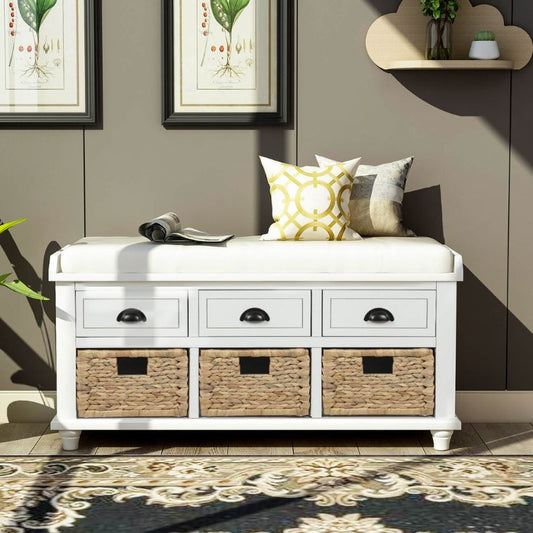 Frosty White Storage Bench with Rattan Baskets and 3 Drawers