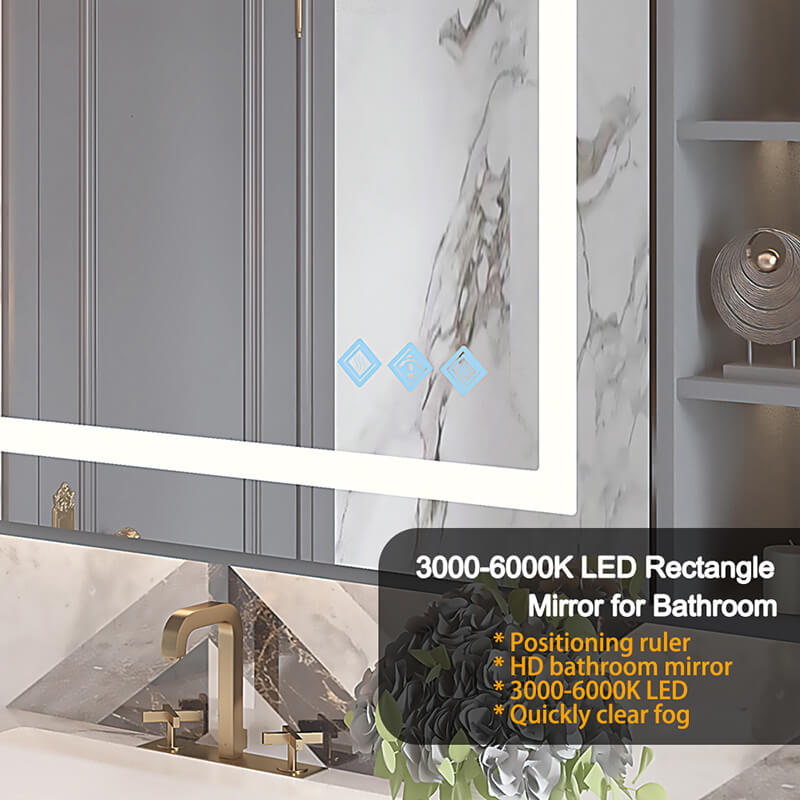 Glossy Silver LED Bathroom Mirror With Anti-Fog - W32" x H24"