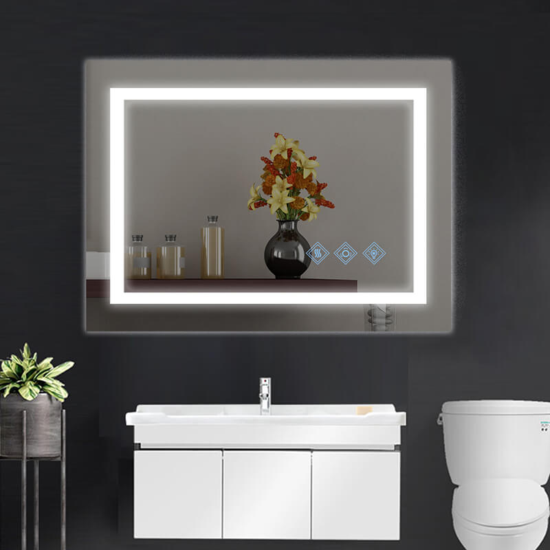 Glossy Silver LED Bathroom Mirror With Anti-Fog - W32" x H24"