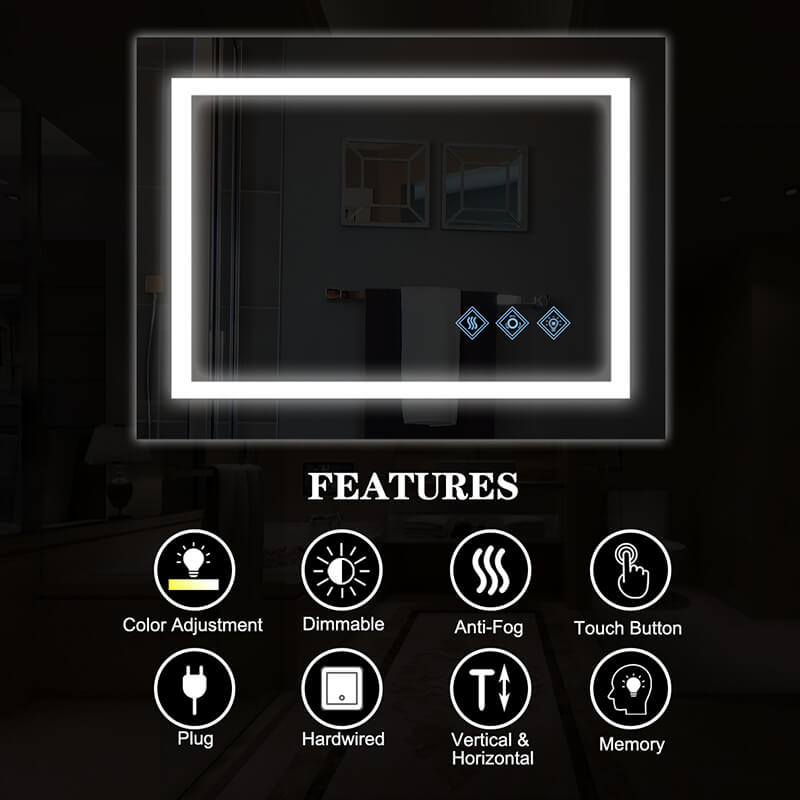 Glossy Silver LED Bathroom Mirror With Anti-Fog - W32" x H24"