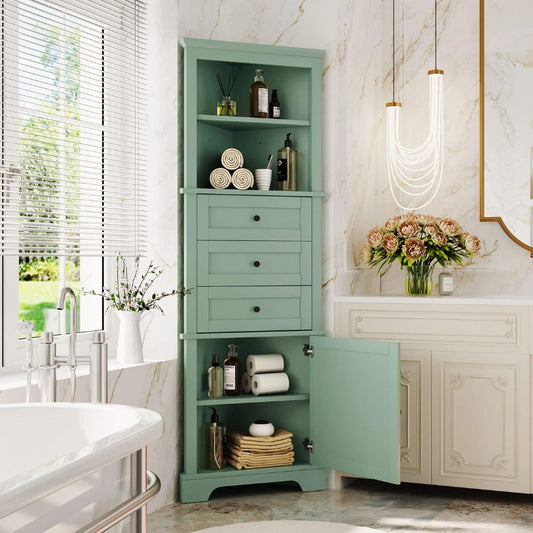 Green Tall Cabinet with 3 drawers and Adjustable Shelves for Bathroom