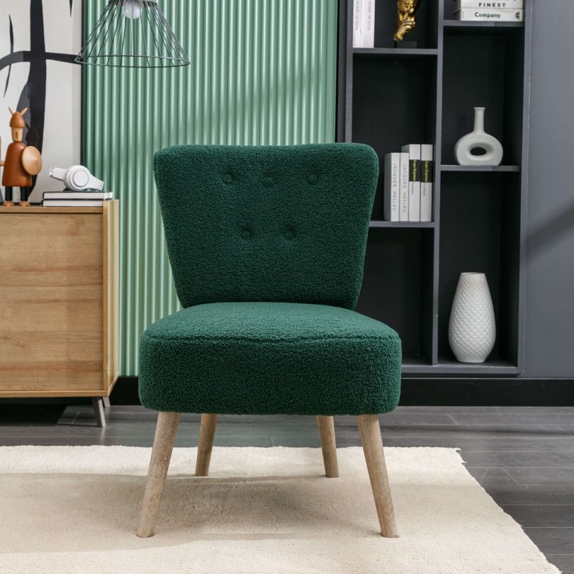 Green Tufted Button Teddy Slippers Accent Chair - with Wood-legs