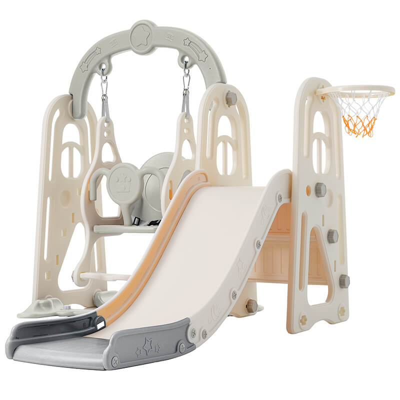 59" Grey Toddler Slide and Swing Kid Playground Center with Basketball Hoop