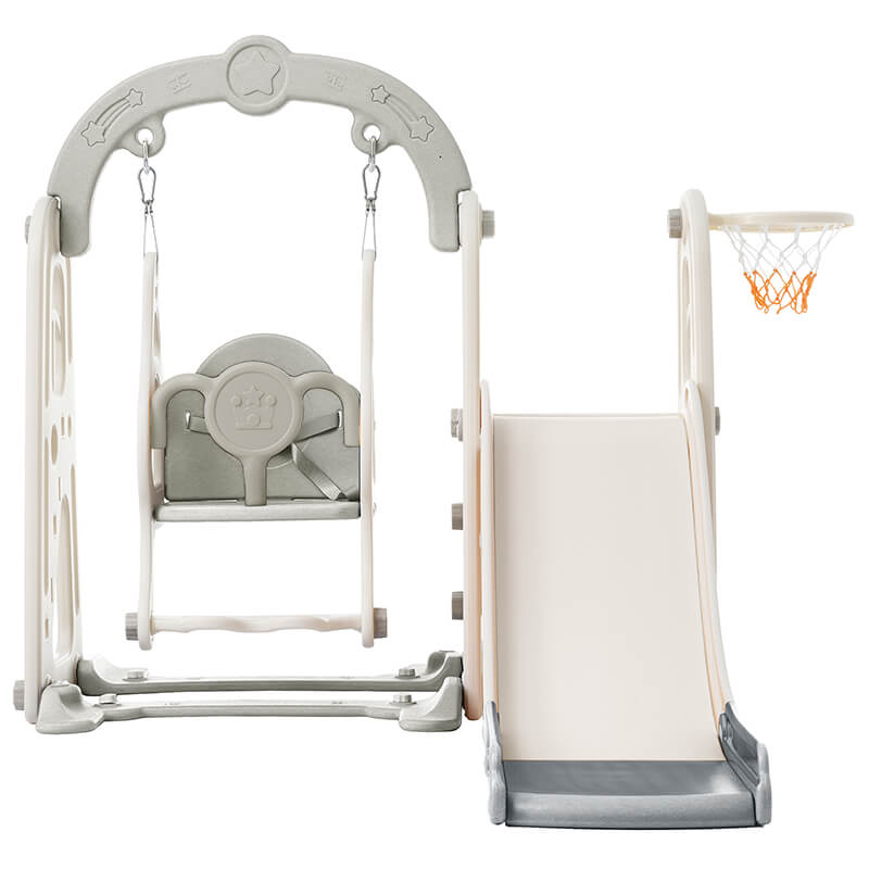 59" Grey Toddler Slide and Swing Kid Playground Center with Basketball Hoop