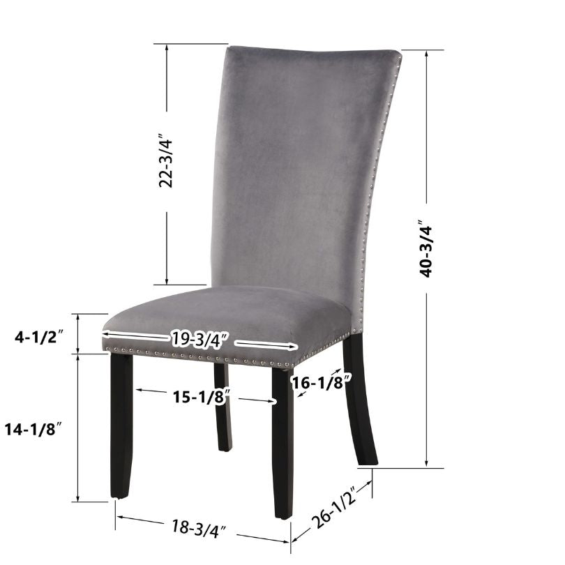 A dimension Image of our Grey Velvet Armless 2-set Dining Chair with Nailhead-trimmed and Rubber Wood Legs