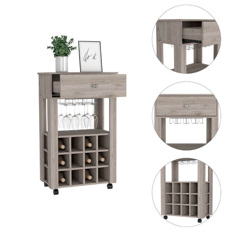 Light Gray 12-wine Cubbies Open Shelf Bar Cart with Drawer and 4 Legs