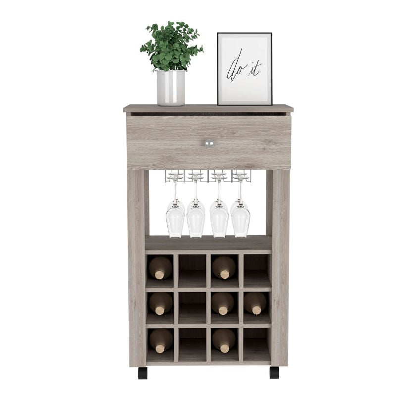 Light Gray 12-wine Cubbies Open Shelf Bar Cart with Drawer and 4 Legs