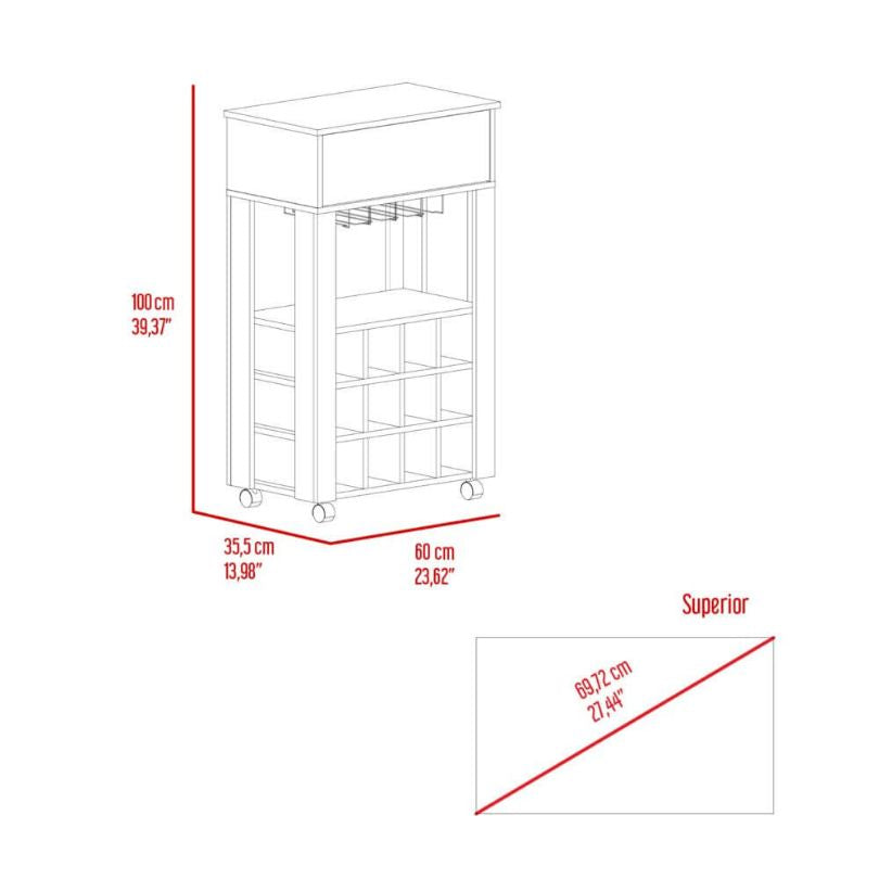 A dimension image of our Light Gray 12-wine Cubbies Open Shelf Bar Cart with Drawer and 4 Legs