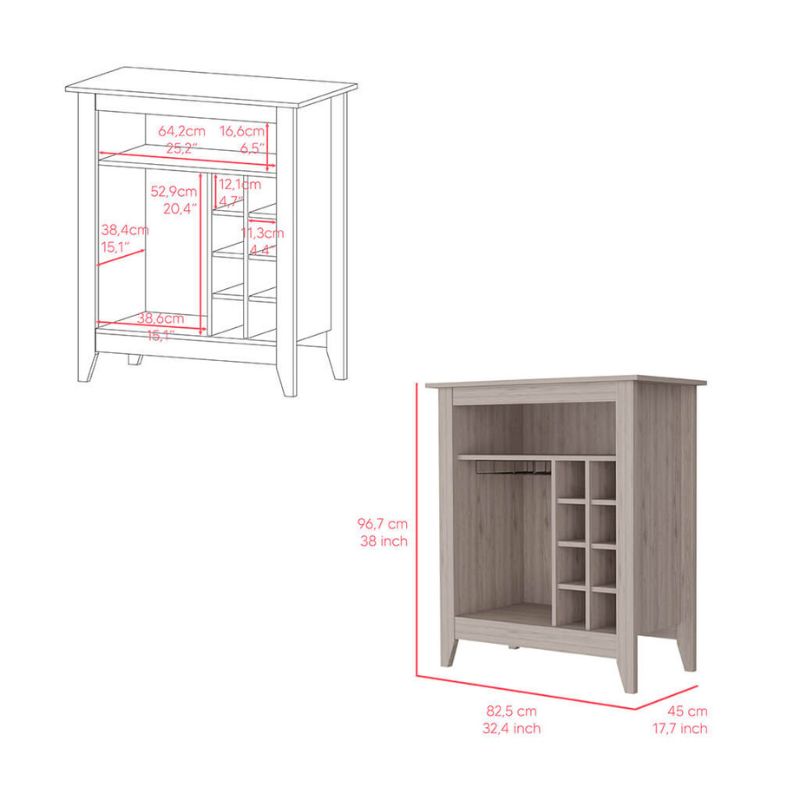 A dimension Image of our Light Gray Bar Cabinet with 8-Bottle Cubbies and Open Shelf - 17.7" x 32.4"