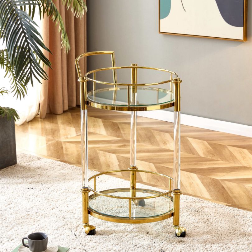 Luxury 2-Tiers Acrylic Round Bar Cart with Wheels