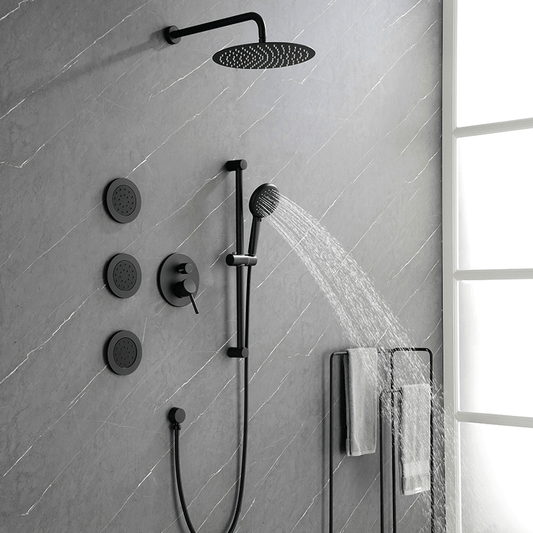 Matte Black Round 3-jet in Complete Shower System with Slide Bar Hand-Shower and Lever Handles