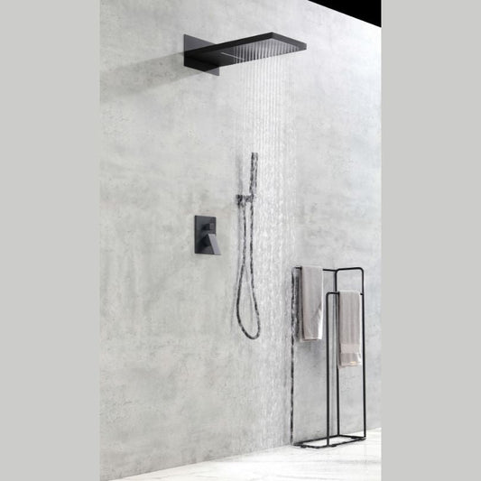 Matte Black Thermostatic Rectangle Rainfall Shower System with Handheld and Shower Faucet Set