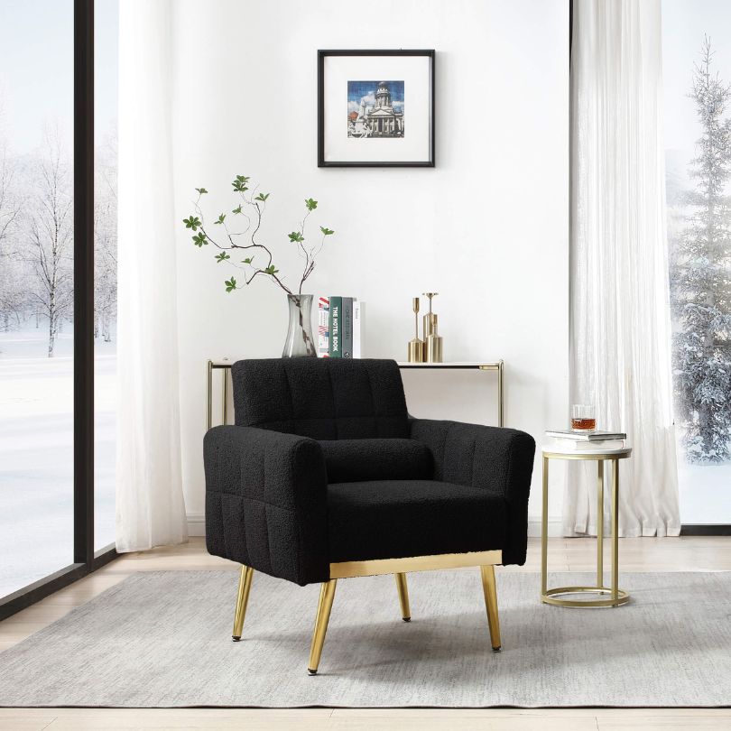 Mid-Century Black Teddy Armchair with Waist Pillow and Metal Legs