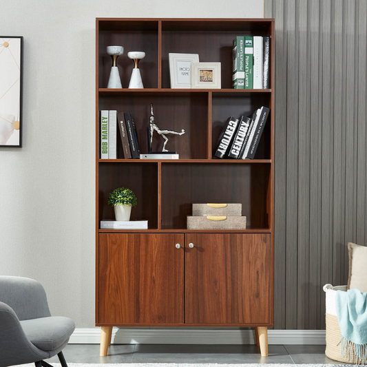 Mid-Century Modern Standing Bookshelf with Doors 