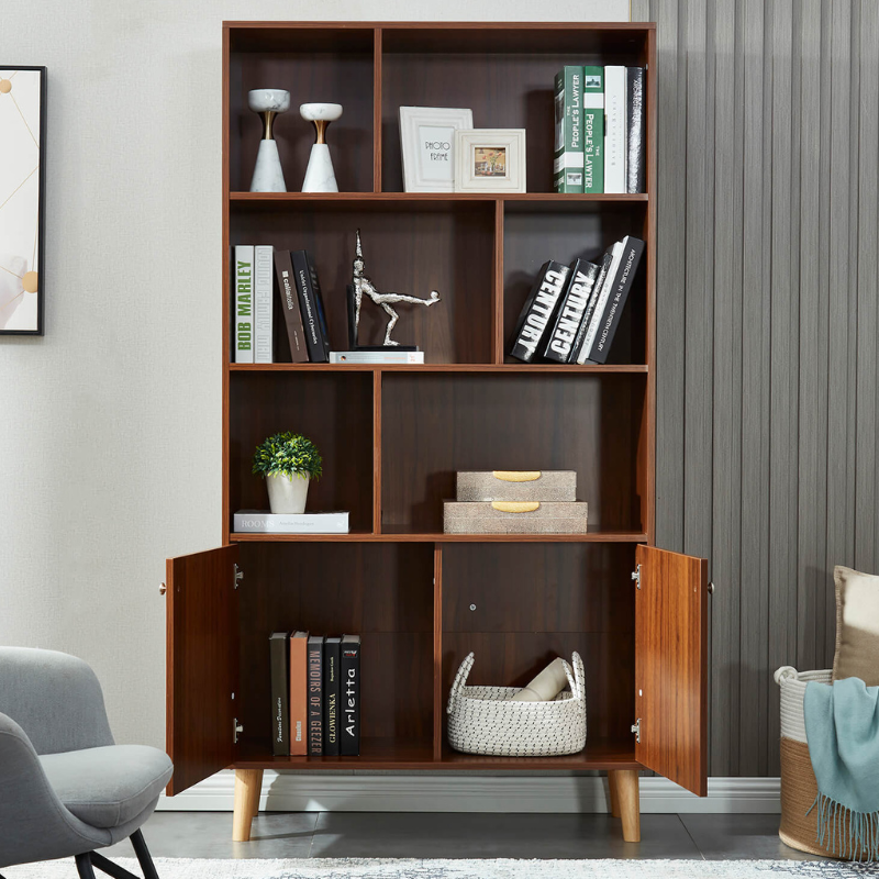 Mid-Century Modern Standing Bookshelf with Doors 